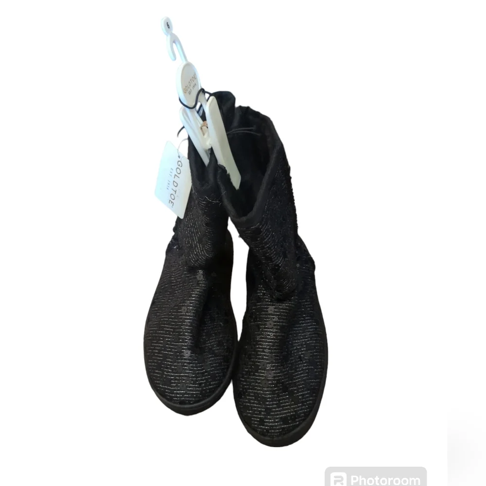 Gold Toe Black Sequin Boots Size 6 Youth New With Tags.